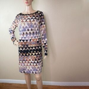 Vince Camuto Womens 8 Geometric Jeweled neckline Sheath LongSleeve Zip Up Dress